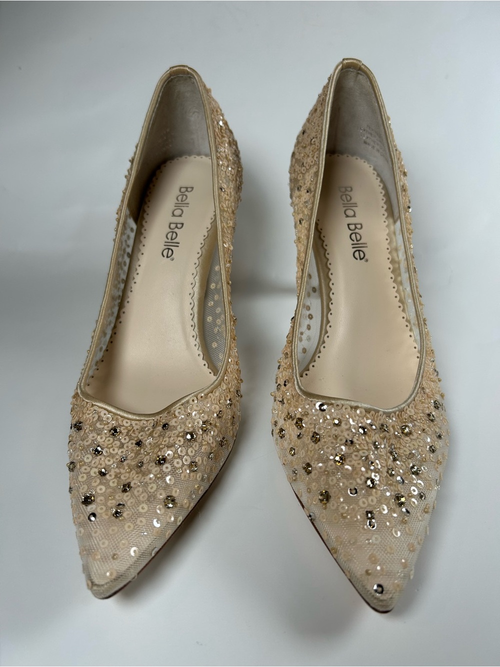 Bella Belle Evelyn Nude Sequin Crystal Mesh Pumps Low Heel - Size 8